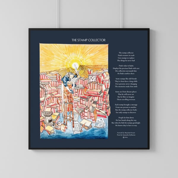 Illustrated print of The Stamp Collector. Art print. Wall art. Poetry print.
