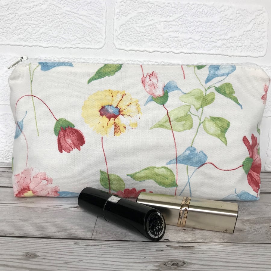 SALE, Cosmetic bag, make up bag in cream with pink and yellow floral print