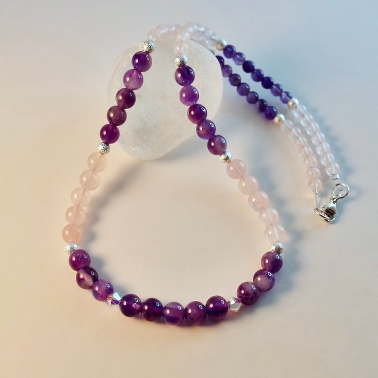 Sage Amethyst, Rose Quartz and Swarovski Crystal Necklace - Handmade In Devon.
