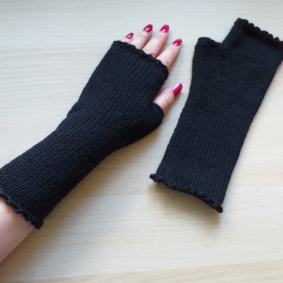 Alpaca & Wool Knitted Fingerless Gloves, Black Minimalist Wrist Warmers,