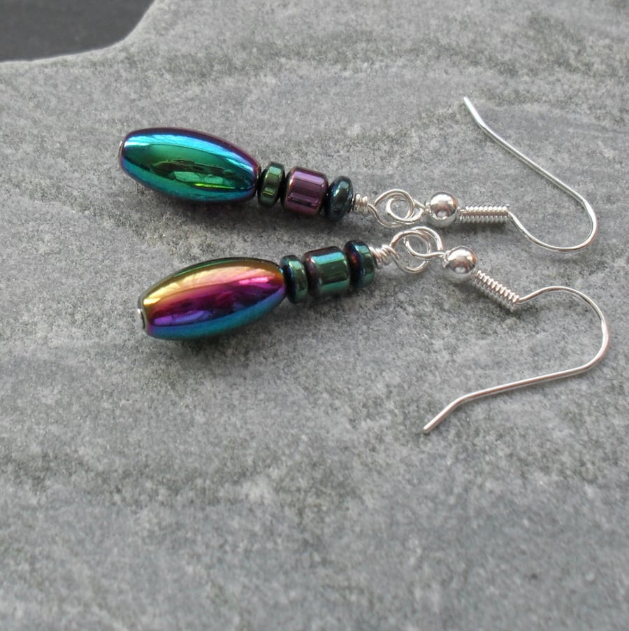 Rainbow Haematite Dangle Earrings Silver Plate