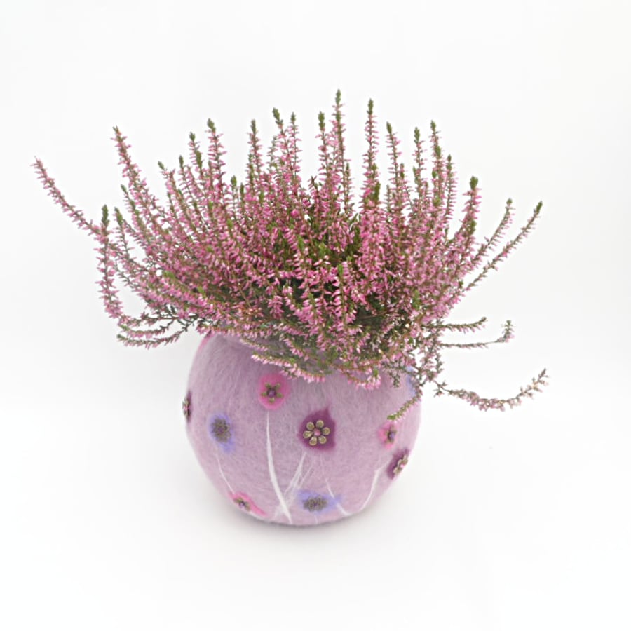 Lilac floral felted vessel, vase, planter