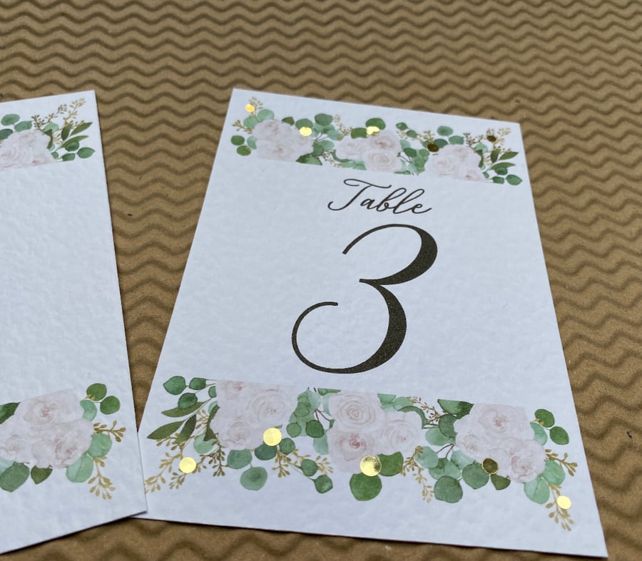 Blush pink roses wedding TABLE NUMBERS eucalyptus foliage rustic A6 card