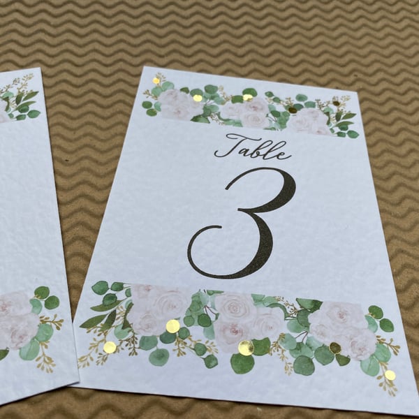 Blush pink roses wedding TABLE NUMBERS eucalyptus foliage rustic A6 card