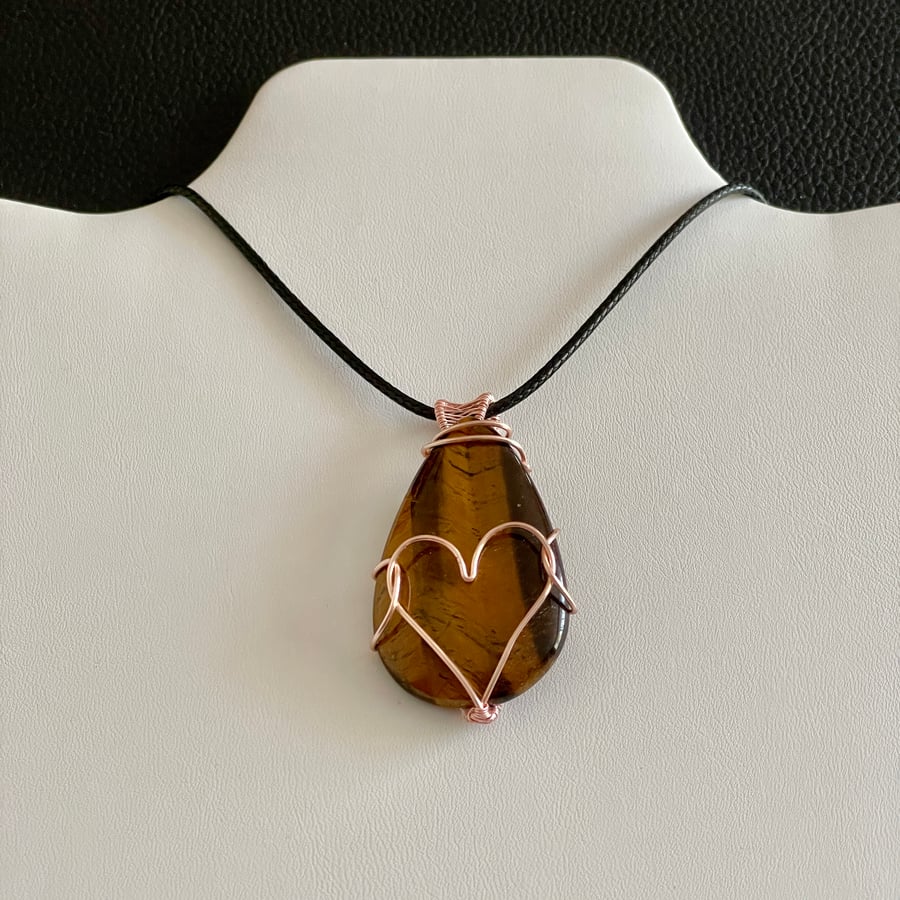 Beautiful Simple Rustic Heart Wire Wrapped Tiger's Eye Pendant
