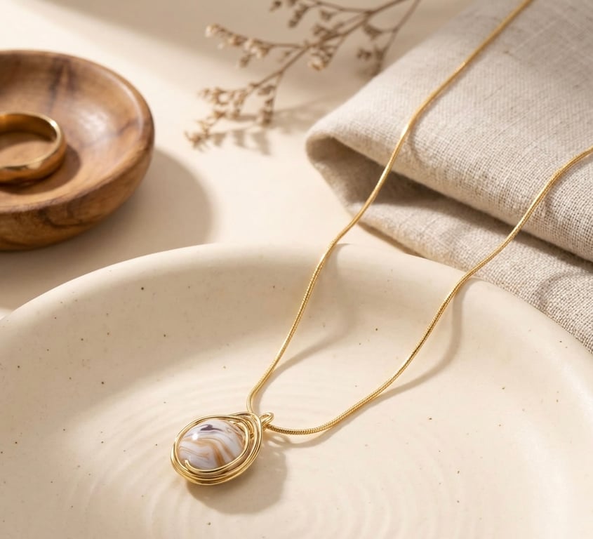 Coffee & Cream Wire Wrapped Pendant on Gold Plated Fine Snake Chain