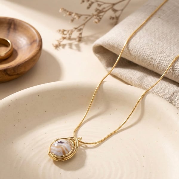 Coffee & Cream Wire Wrapped Pendant on Gold Plated Fine Snake Chain