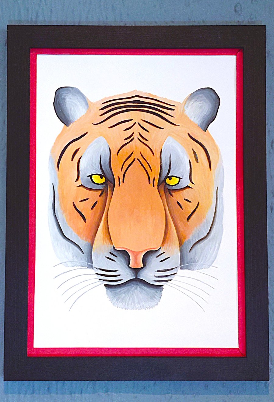 Handmade Unique Framed A3 Print Colourful Tiger Head Red Border Wallart Gift