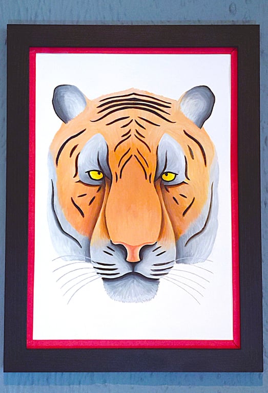 Handmade Unique Framed A3 Print Colourful Tiger Head Red Border Wallart Gift