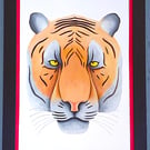 Handmade Unique Framed A3 Print Colourful Tiger Head Red Border Wallart Gift