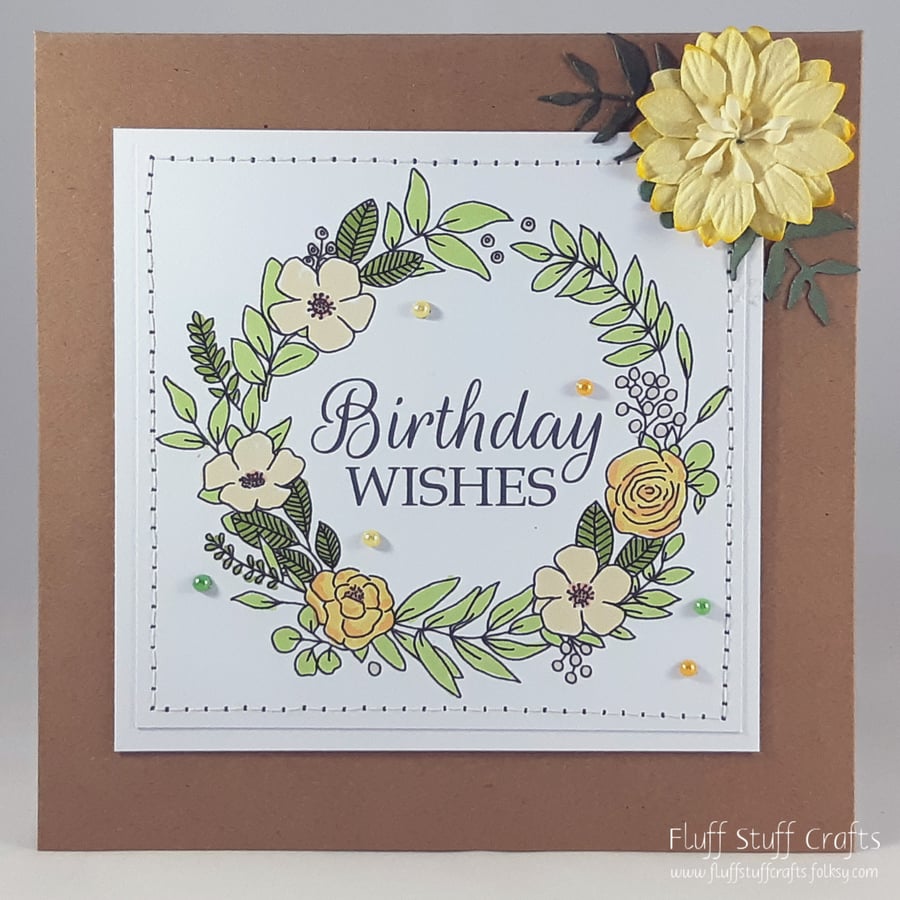 Handmade birthday card - yellow floral wreath
