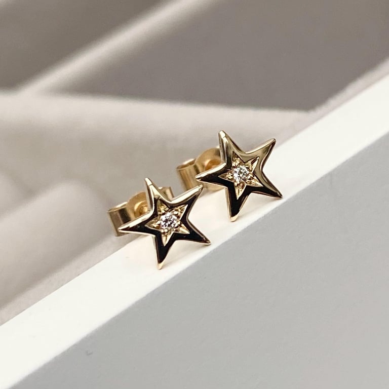9ct yellow gold tiny star engraved set 1.2mm diamond star stud earrings