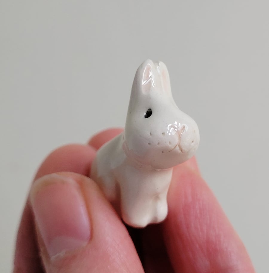 Bunny rabbit white ceramic handmade figurine with straight ears