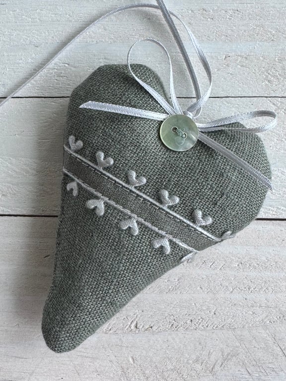 SAGE GREEN LINEN HEART - silver grey chiffon heart ribbon