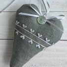 SAGE GREEN LINEN HEART - silver grey chiffon heart ribbon