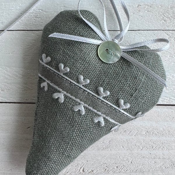 SAGE GREEN LINEN HEART - silver grey chiffon heart ribbon