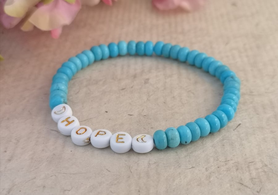 "hope" bracelet with blue howlite beads