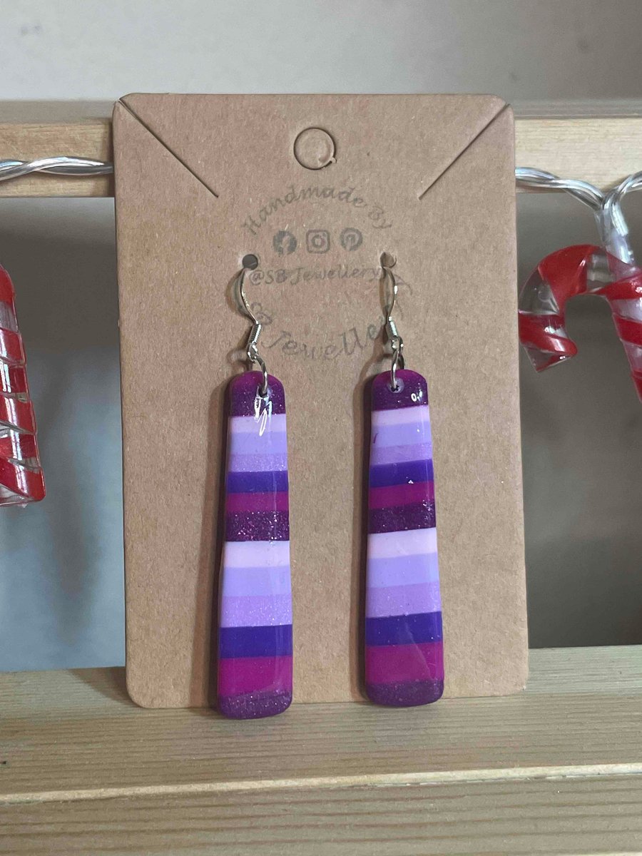 Handmade Polymer Clay Purple Stripped Dangle Earrings 