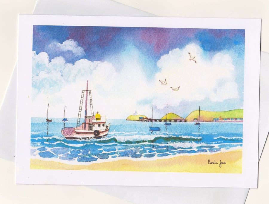 Fishing Boat, Swansea Bay, Wales, Art Greeting Card, A5, Blank inside