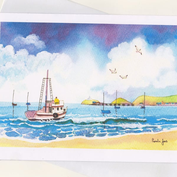 Fishing Boat, Swansea Bay, Wales, Art Greeting Card, A5, Blank inside