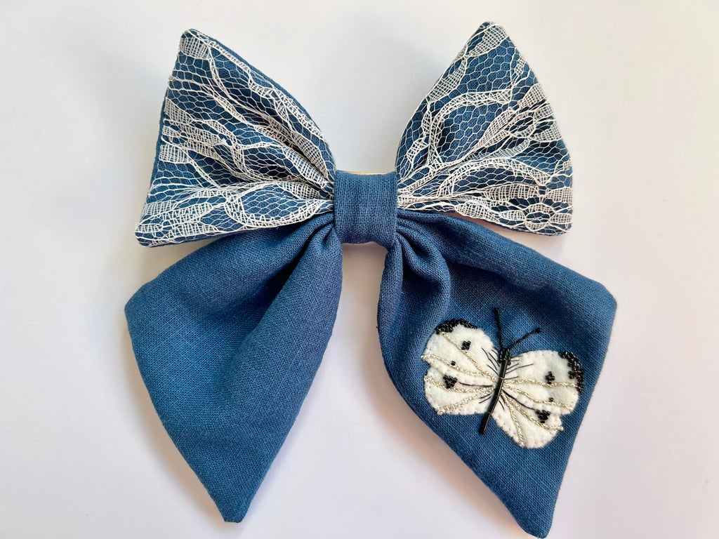 Hair bow, hand embroidered butterfly blue linen hair clip, gift for her