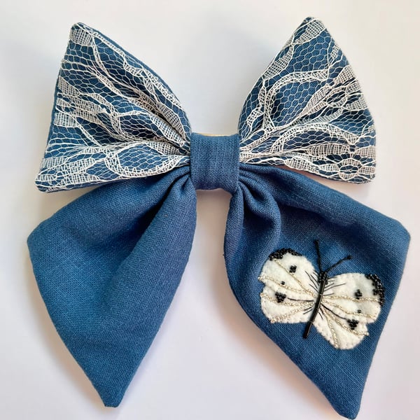 Hair bow, hand embroidered butterfly blue linen hair clip, gift for her