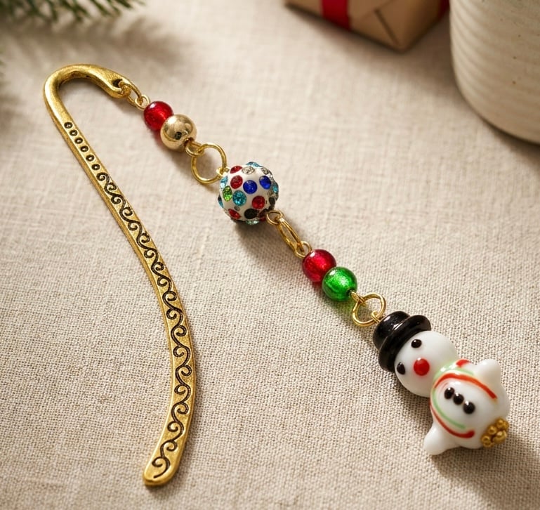 Handmade Festive Snowman Beaded Bookmark,