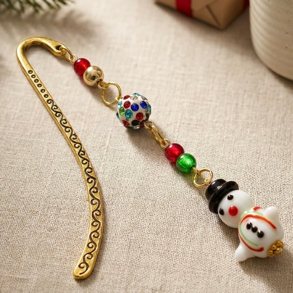 Handmade Festive Snowman Beaded Bookmark,