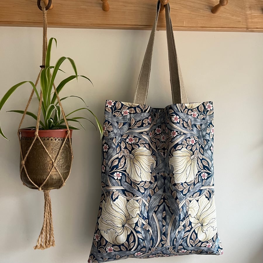 William Morris Pimpernel cotton and denim tote bag with long straps