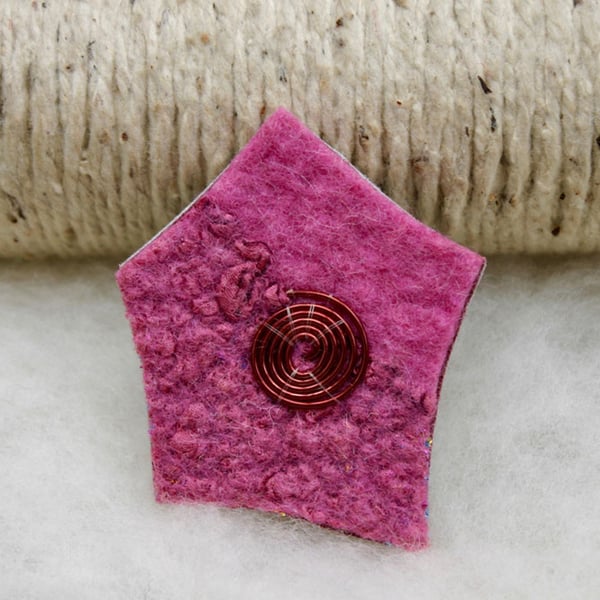 Hand felted pink and nuno felted brooch with wire spiral