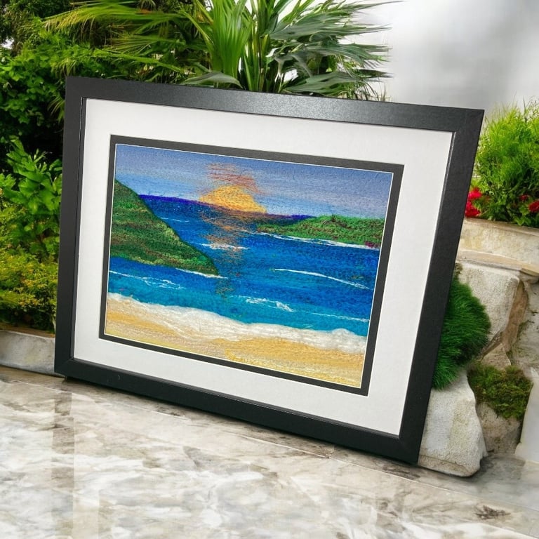 Textile picture, needle felted, 8" x 10" framed or mounted, Seaside sunrise