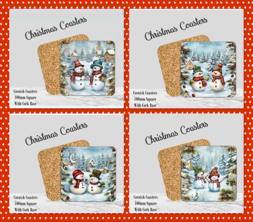 Set of 4 Snowman Christmas Coasters  100mm (4" ) Square With Cork Base. Design 5