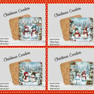 Set of 4 Snowman Christmas Coasters  100mm (4" ) Square With Cork Base. Design 5
