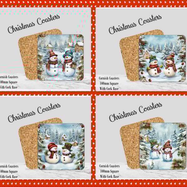 Set of 4 Snowman Christmas Coasters  100mm (4" ) Square With Cork Base. Design 5