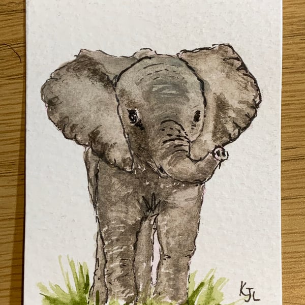 Watercolour of a baby elephant ACEO - free UK postage 