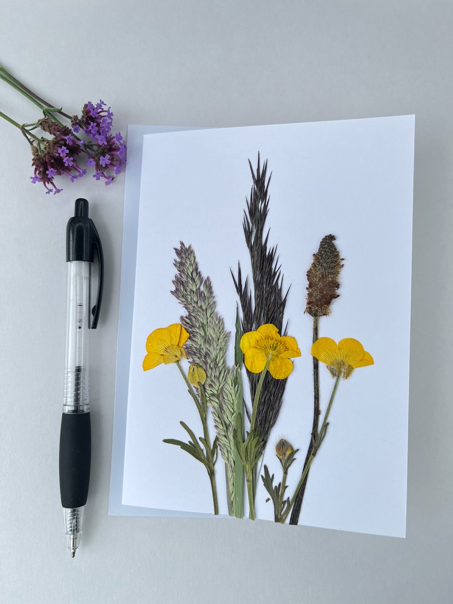 Handmade Real Pressed Flower Greeting card, Buttercups and, Grasses Birthday 01