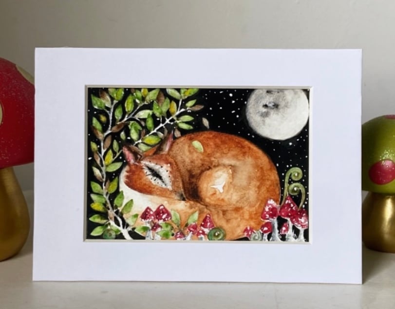 Original Resting Fox with Mushrooms in Moonlight Watercolour 