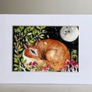 Original Resting Fox with Mushrooms in Moonlight Watercolour 