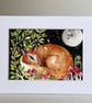 Original Resting Fox with Mushrooms in Moonlight Watercolour 