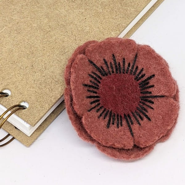 Felted flower brooch - terracotta colour anemone