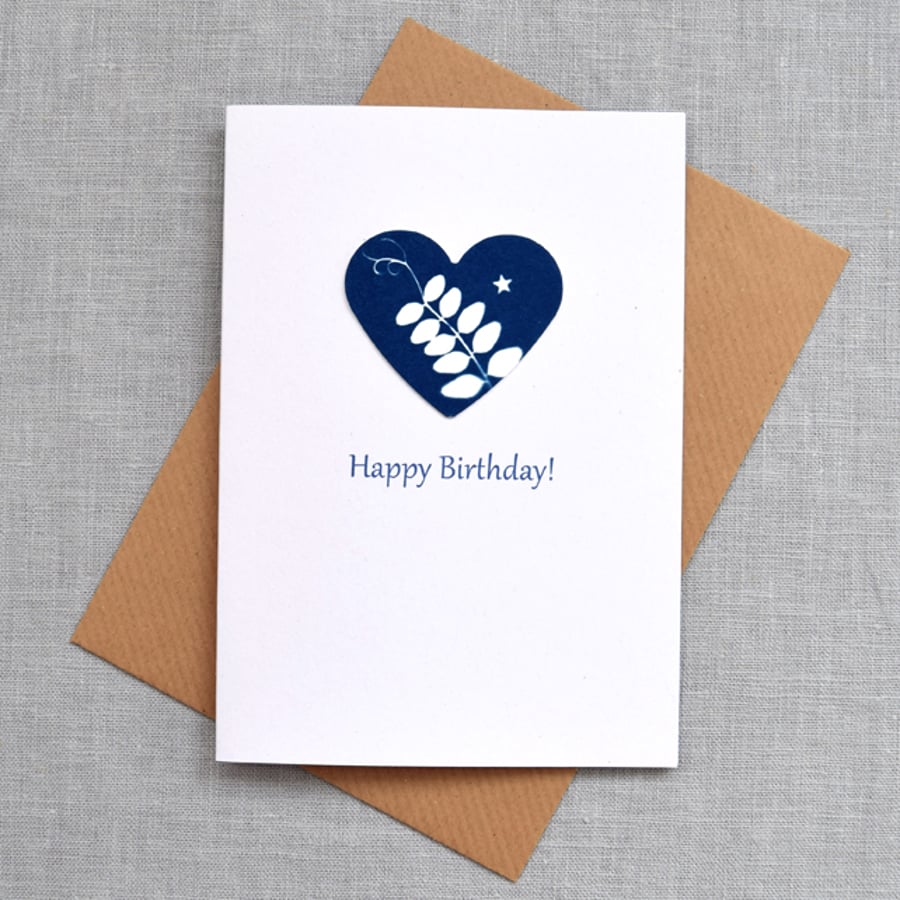 Happy Birthday Card British Hedgerow Vetch Blue Cyanotype Heart