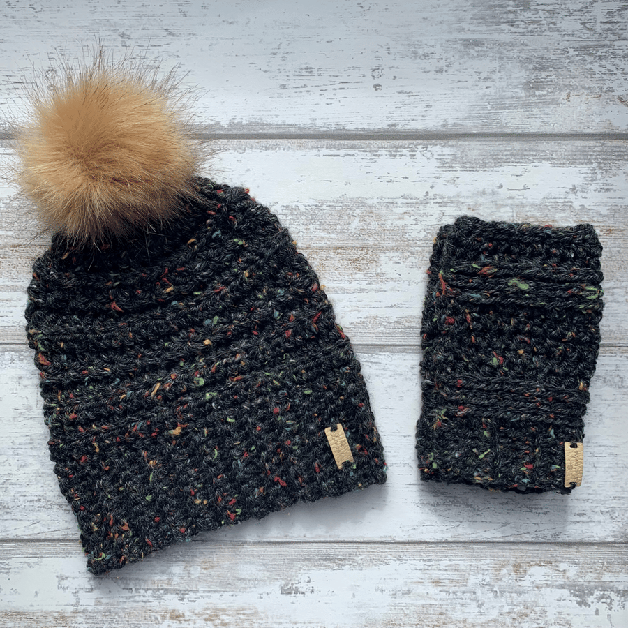 Handmade crochet beanie hat with faux fur pompom and fingerless glove set black 