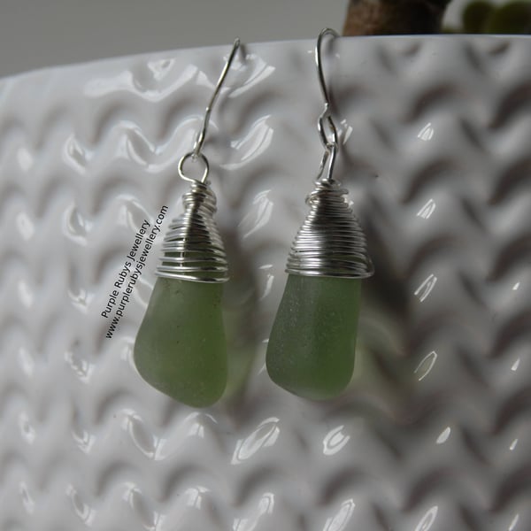 Sage Green Mermaids Tears Cornish Sea Glass Earrings, Sterling Silver E603