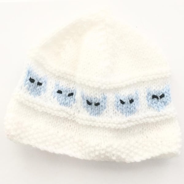 Seconds Sunday Cute White with Blue Cats Baby Hat 0-6 months - UK Free Post