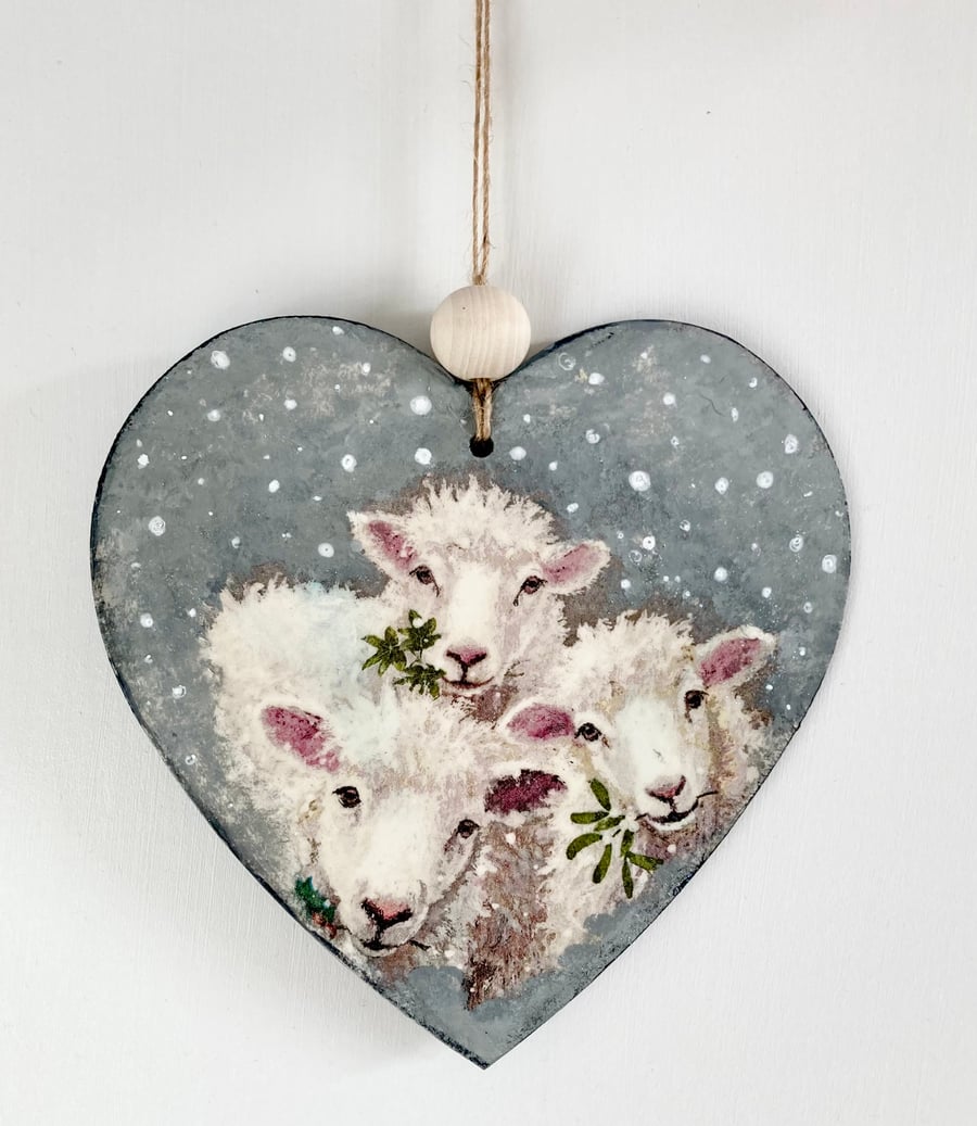 Mistletoe Sheep Hanging Heart Decoration Vintage Style Handmade Christmas Decor