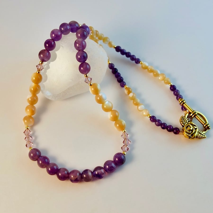 Amethyst, Mother Of Pearl And Swarovski Crystal Necklace - Handmade In Devon
