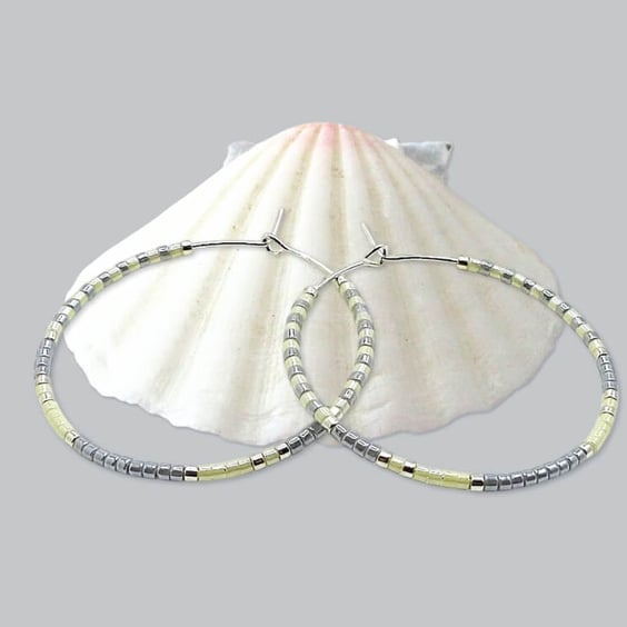 Boho Chic Miyuki Delica Seed Bead Hoop Earrings - Pastel Lemon & Grey