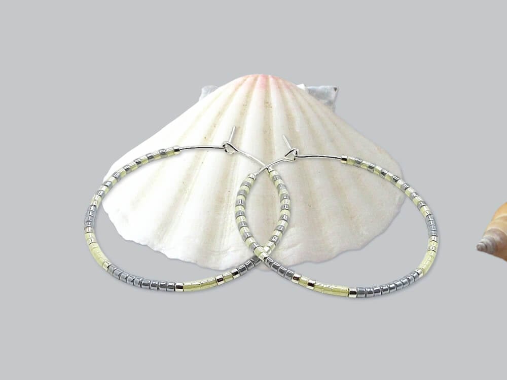 Boho Chic Miyuki Delica Seed Bead Hoop Earrings - Pastel Lemon & Grey