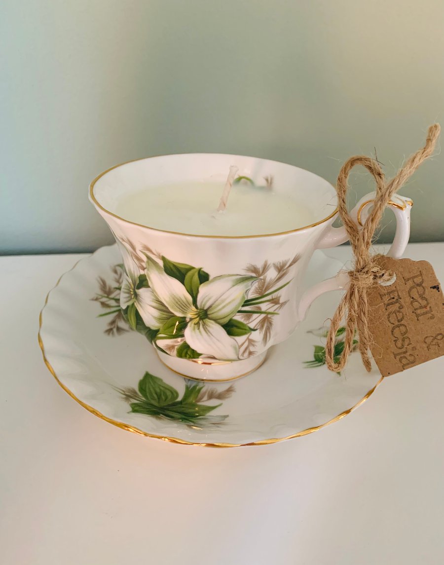 Pear and Freesia Tea Cup Candle with Saucer
