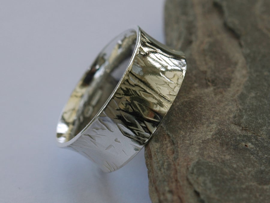 Wide Sterling Silver Man's Ring, Anticlastic, Hammered,  size W. 